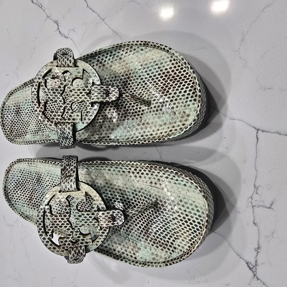Tory Burch Black and Cream Reptile Textured Sandals